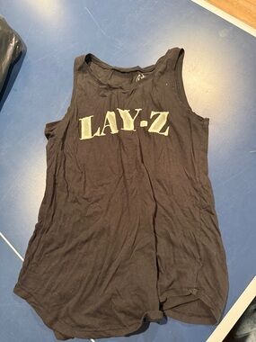 Recycled Karma Black Tank Top with Pale Yellow "LAY-Z" Graphic